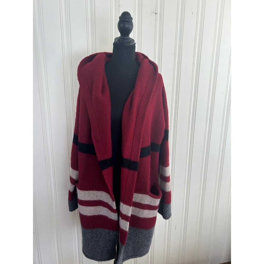 Peruvian Connection XL Red Striped Hood Alpaca Cardigan Blanket Sweater Coat - Picture 2 of 10